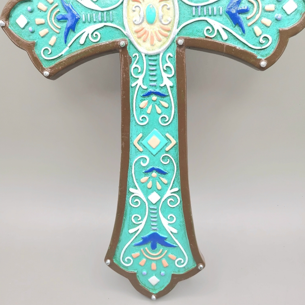 Wooden Wall Cross with Turquoise Inlay & Scroll Details - Picture 3 of 5